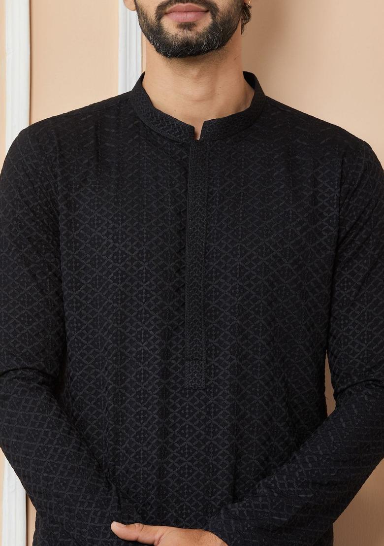 Black Woven Design Viscose Kurta For Men - Indya