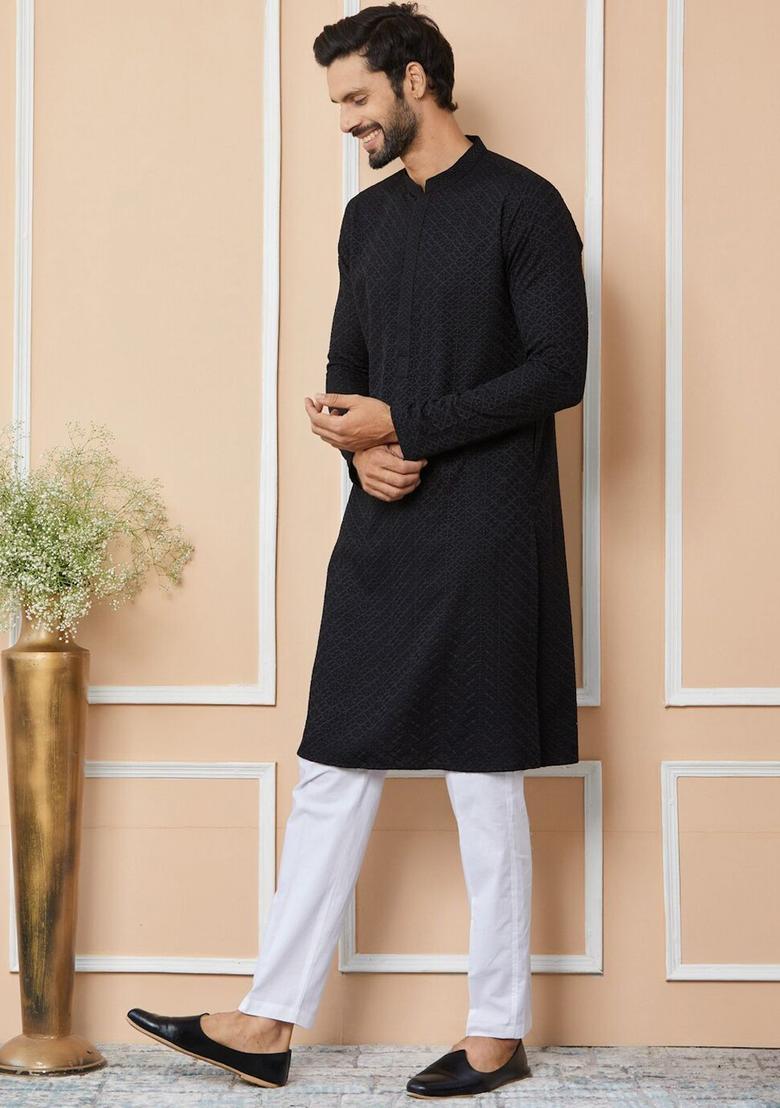 Black Woven Design Viscose Kurta For Men - Indya