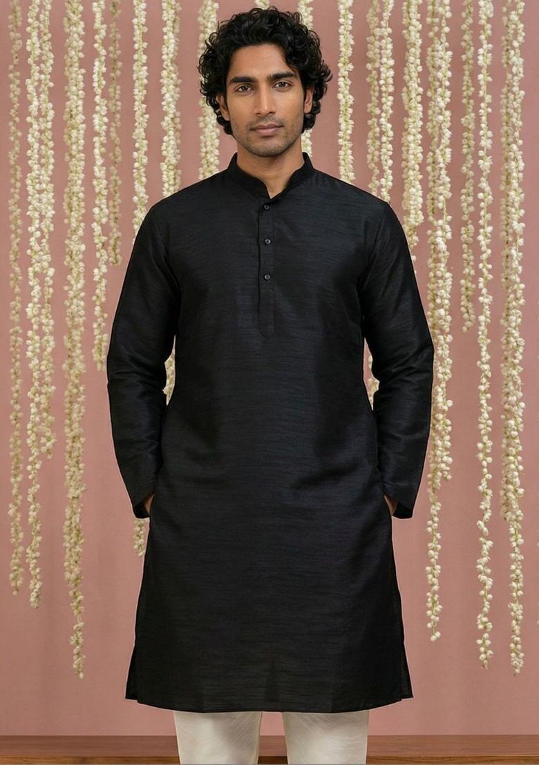 Black Solid Silk Kurta For Men - Indya