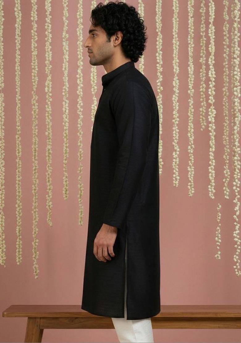 Black Solid Silk Kurta For Men - Indya