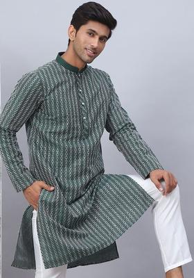 Olive Embroidered Silk Kurta For Men