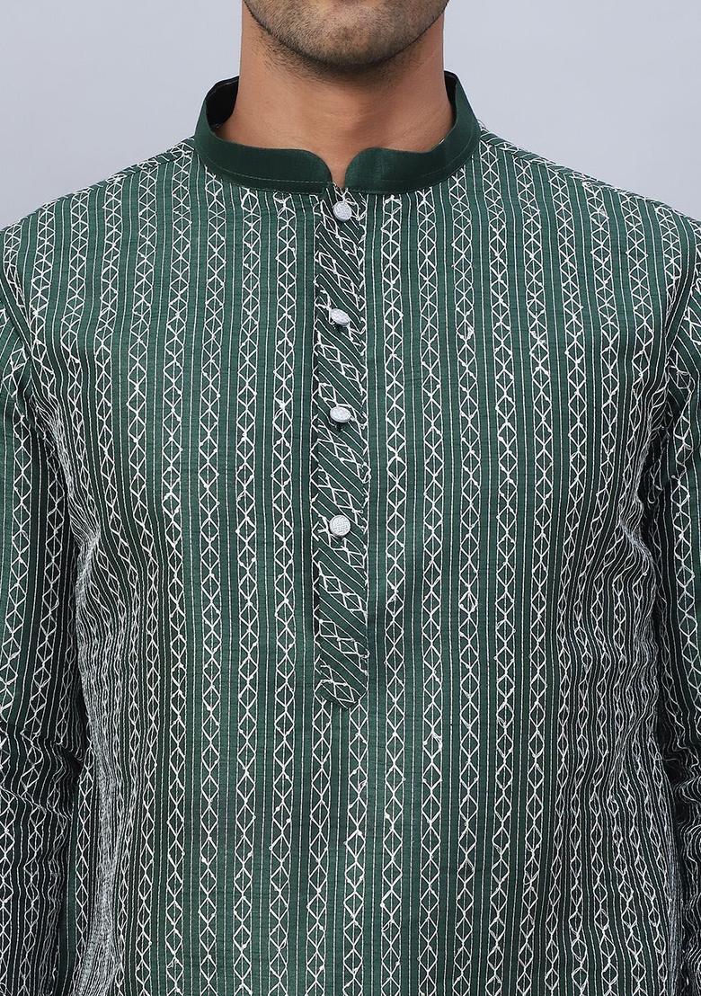 Olive Embroidered Silk Kurta For Men - Indya