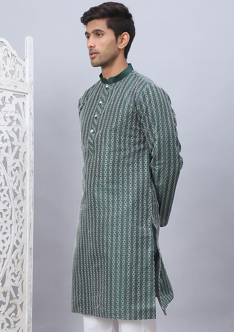 Olive Embroidered Silk Kurta For Men - Indya