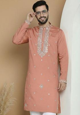 Peach Embroidered Silk Kurta For Men
