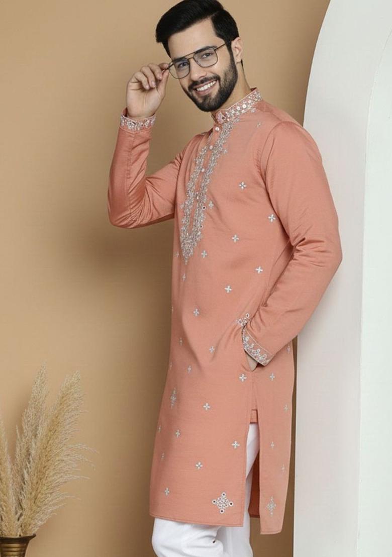 Peach Embroidered Silk Kurta For Men - Indya