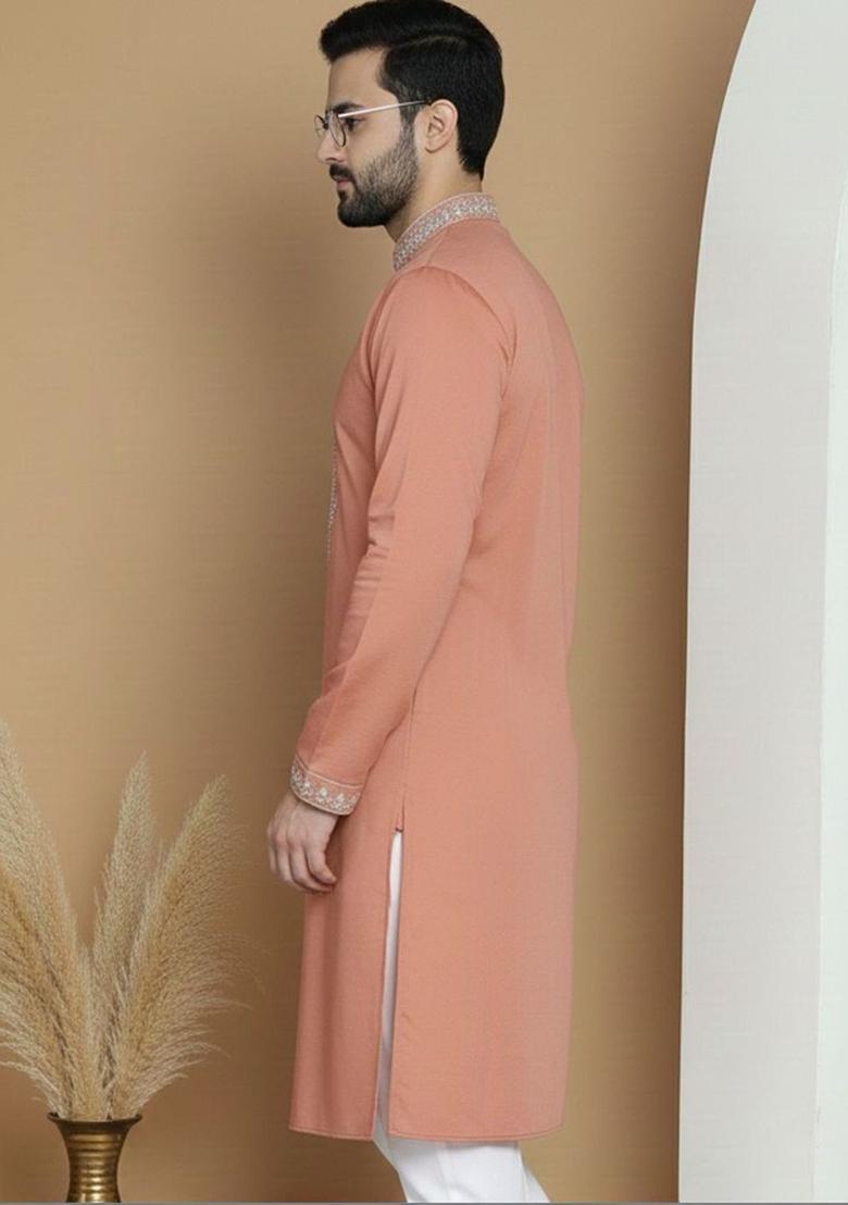 Peach Embroidered Silk Kurta For Men - Indya
