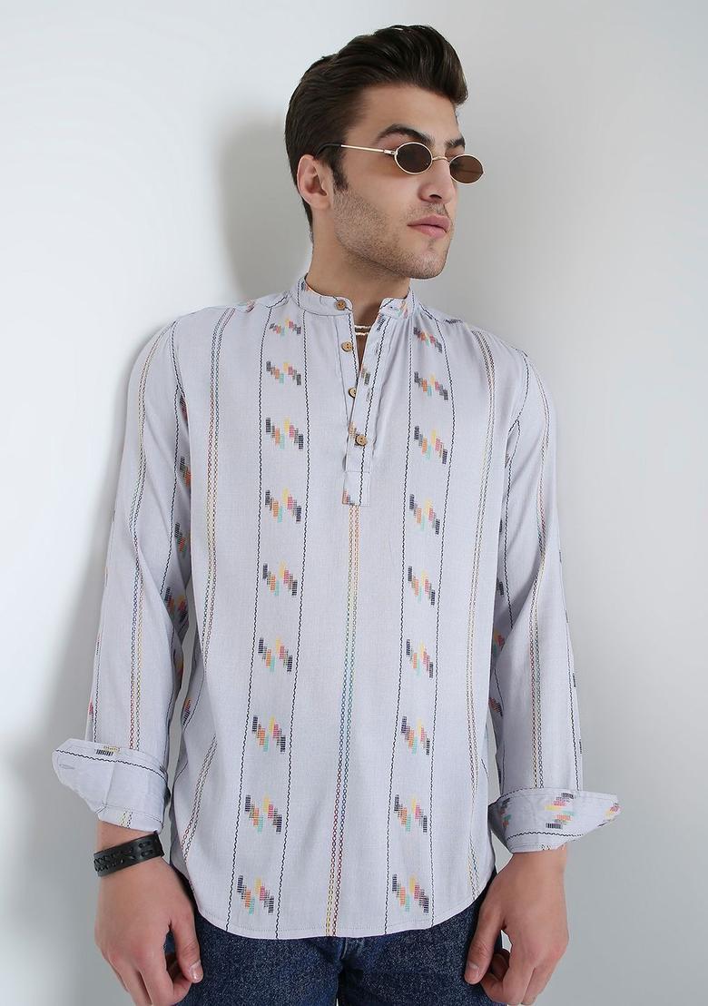 Grey Woven Design Cotton Kurta For Men - Indya