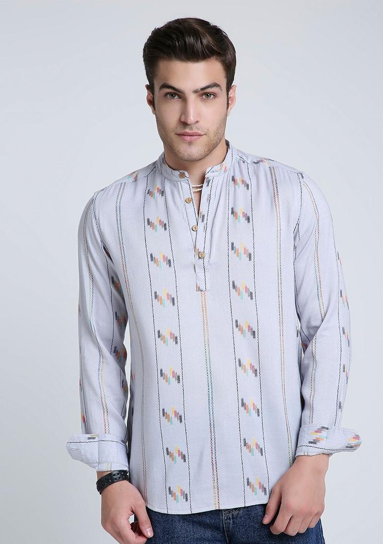 Grey Woven Design Cotton Kurta For Men - Indya
