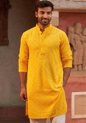 Yellow Embroidered Viscose Kurta For Men