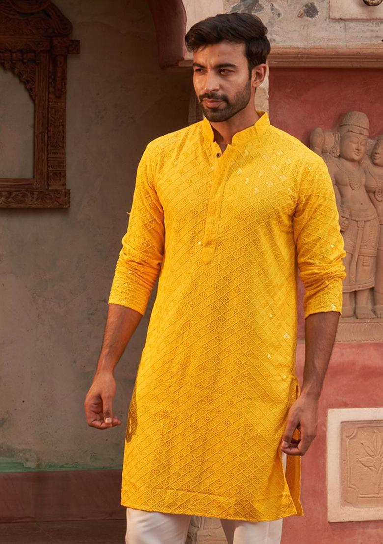 Yellow Embroidered Viscose Kurta For Men - Indya