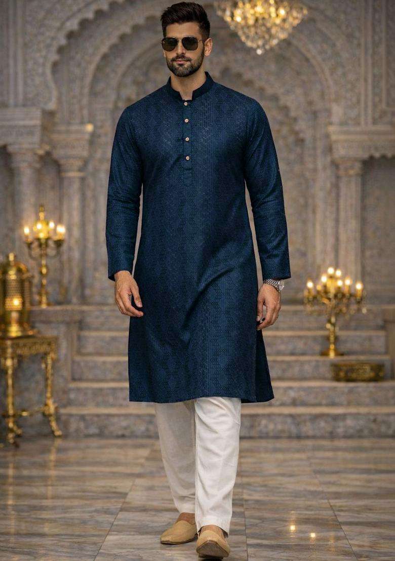 Blue Embroidered Silk Blend Kurta For Men - Indya