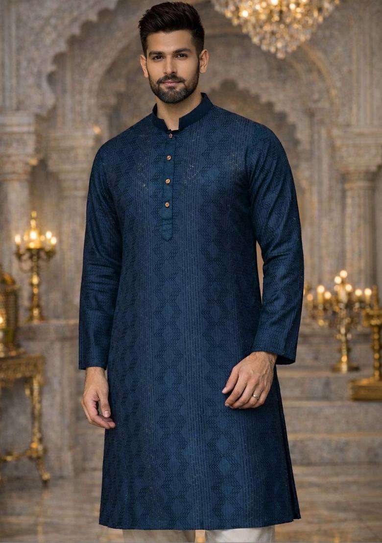 Blue Embroidered Silk Blend Kurta For Men - Indya