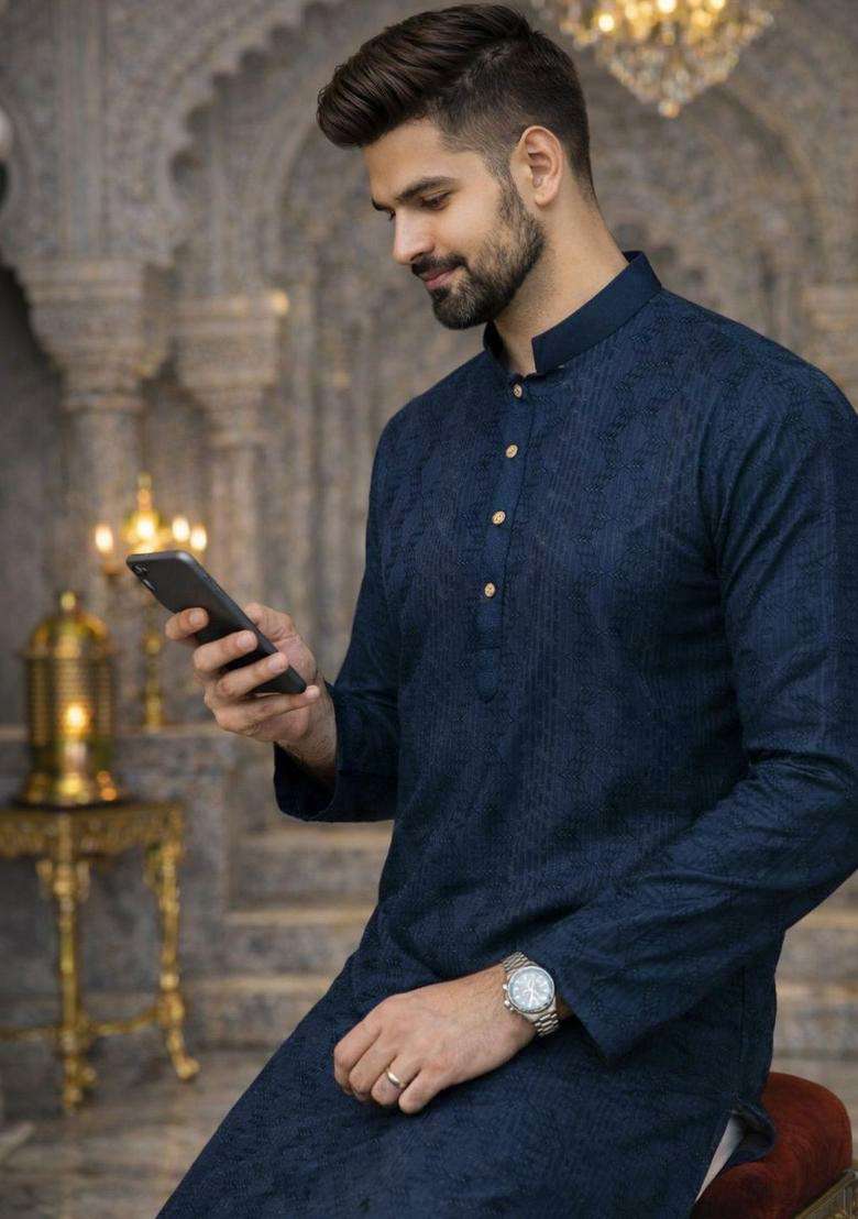 Blue Embroidered Silk Blend Kurta For Men - Indya