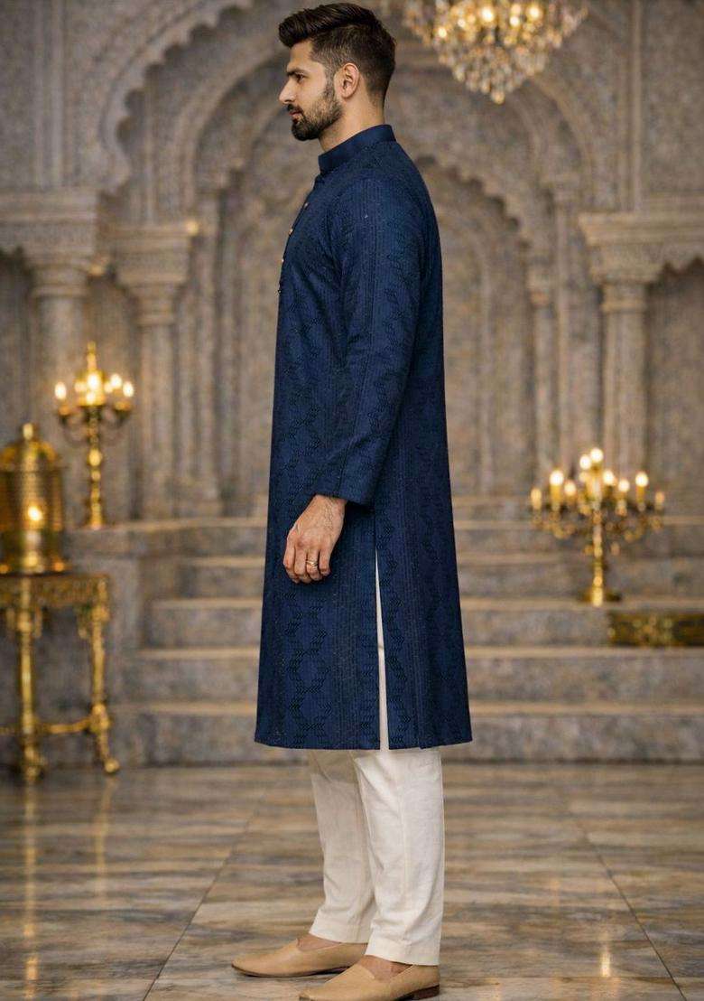 Blue Embroidered Silk Blend Kurta For Men - Indya