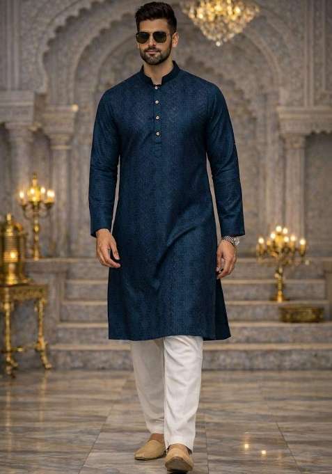Blue Embroidered Silk Blend Kurta For Men