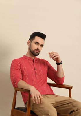 Red Embroidered Polyester Kurta For Men