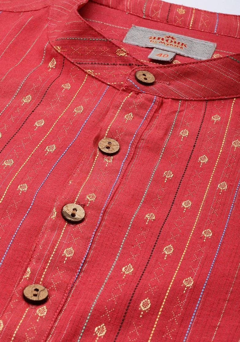 Red Embroidered Polyester Kurta For Men - Indya