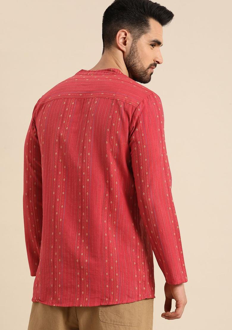 Red Embroidered Polyester Kurta For Men - Indya