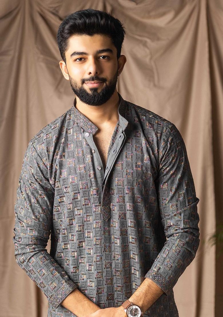 Grey Embroidered Viscose Kurta For Men - Indya