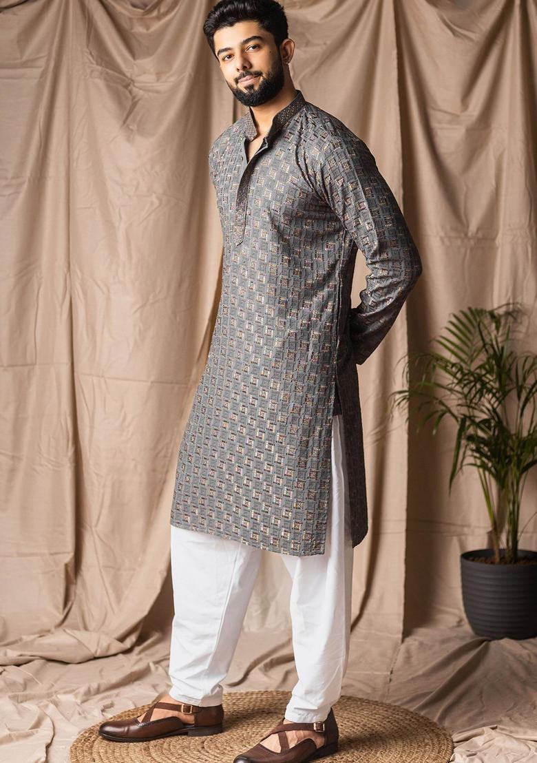 Grey Embroidered Viscose Kurta For Men - Indya