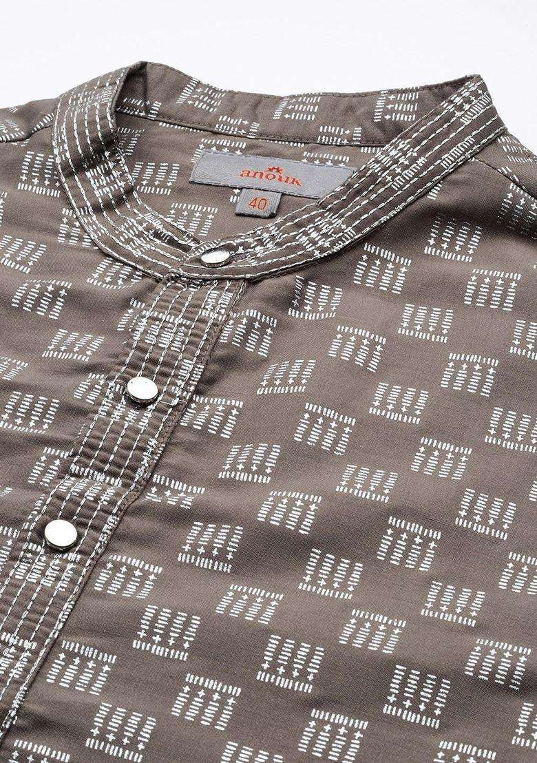Olive Printed Polyester Kurta For Men - Indya