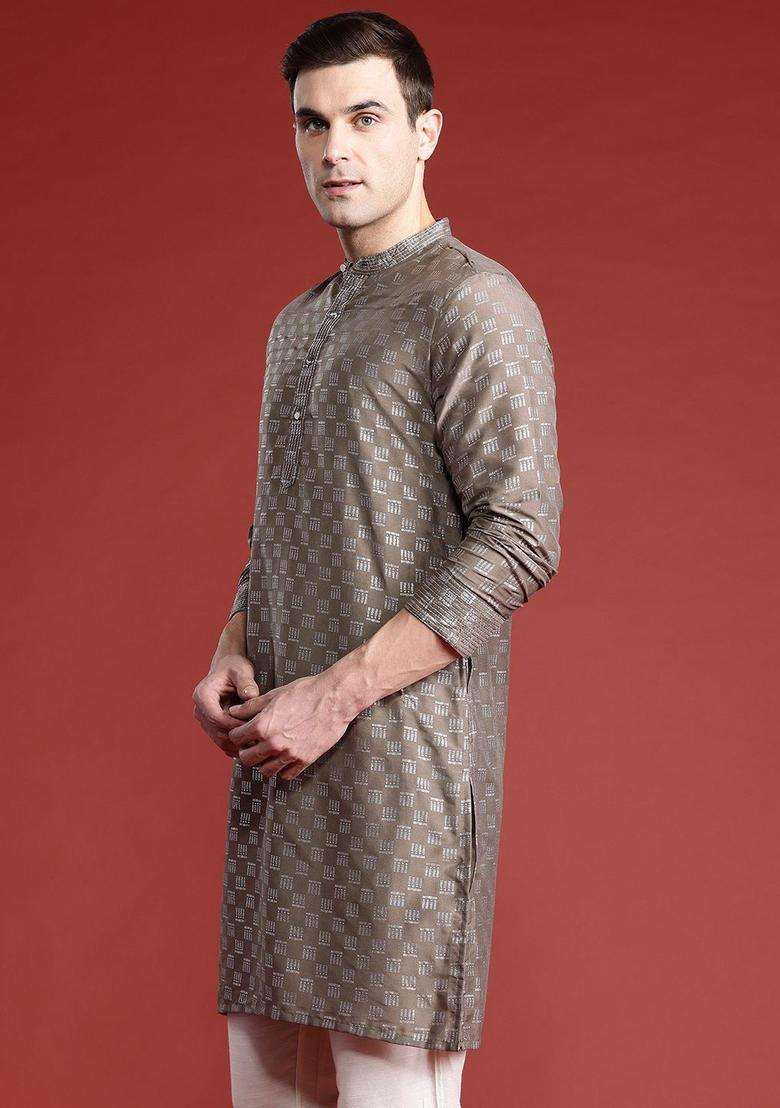 Olive Printed Polyester Kurta For Men - Indya