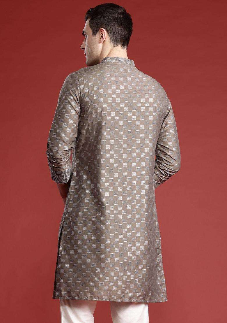 Olive Printed Polyester Kurta For Men - Indya