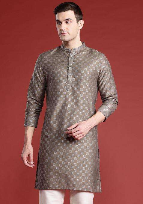Olive Printed Polyester Kurta For Men