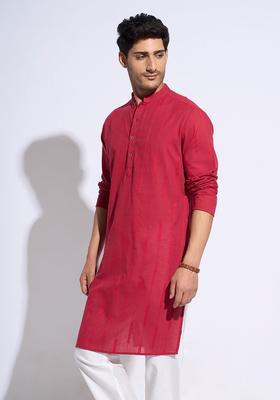 Red Printed Cotton Kurta For Men
