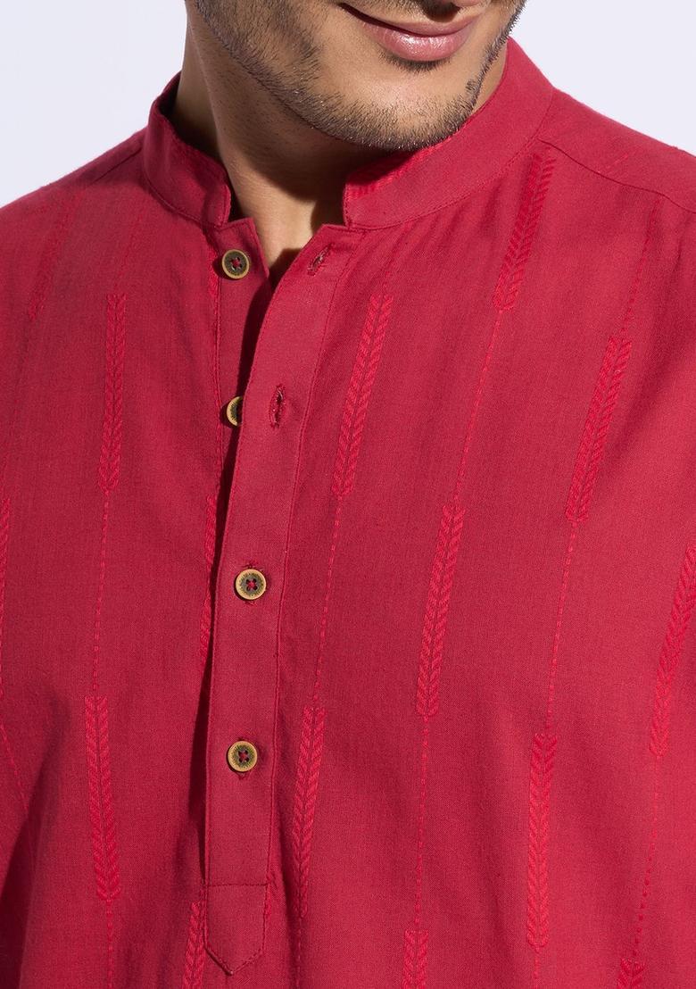 Red Printed Cotton Kurta For Men - Indya