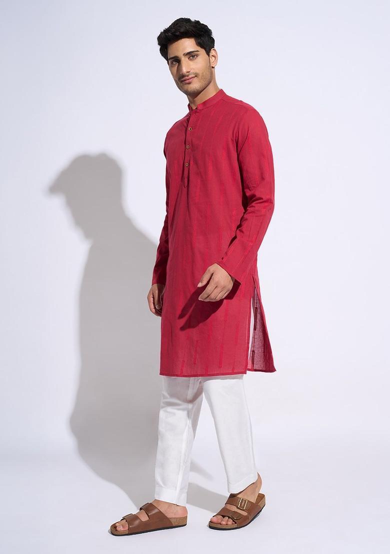 Red Printed Cotton Kurta For Men - Indya