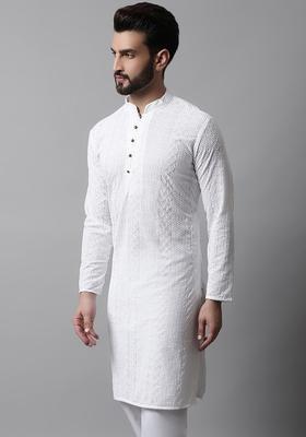 White Woven Design Cotton Kurta For Men