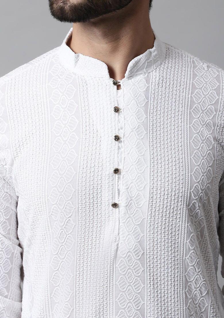 White Woven Design Cotton Kurta For Men - Indya