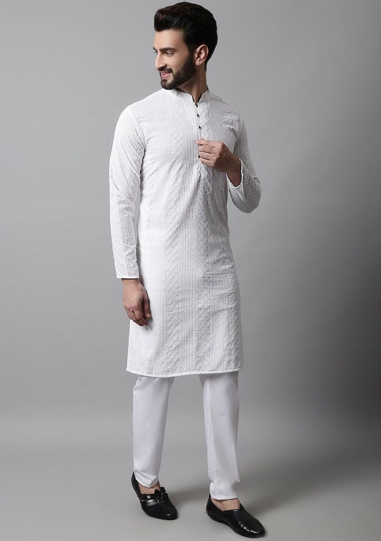 White Woven Design Cotton Kurta For Men - Indya