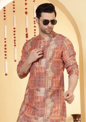 Peach Printed Viscose Kurta For Men