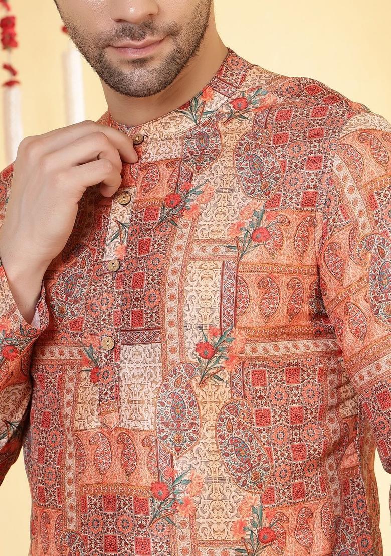 Peach Printed Viscose Kurta For Men - Indya