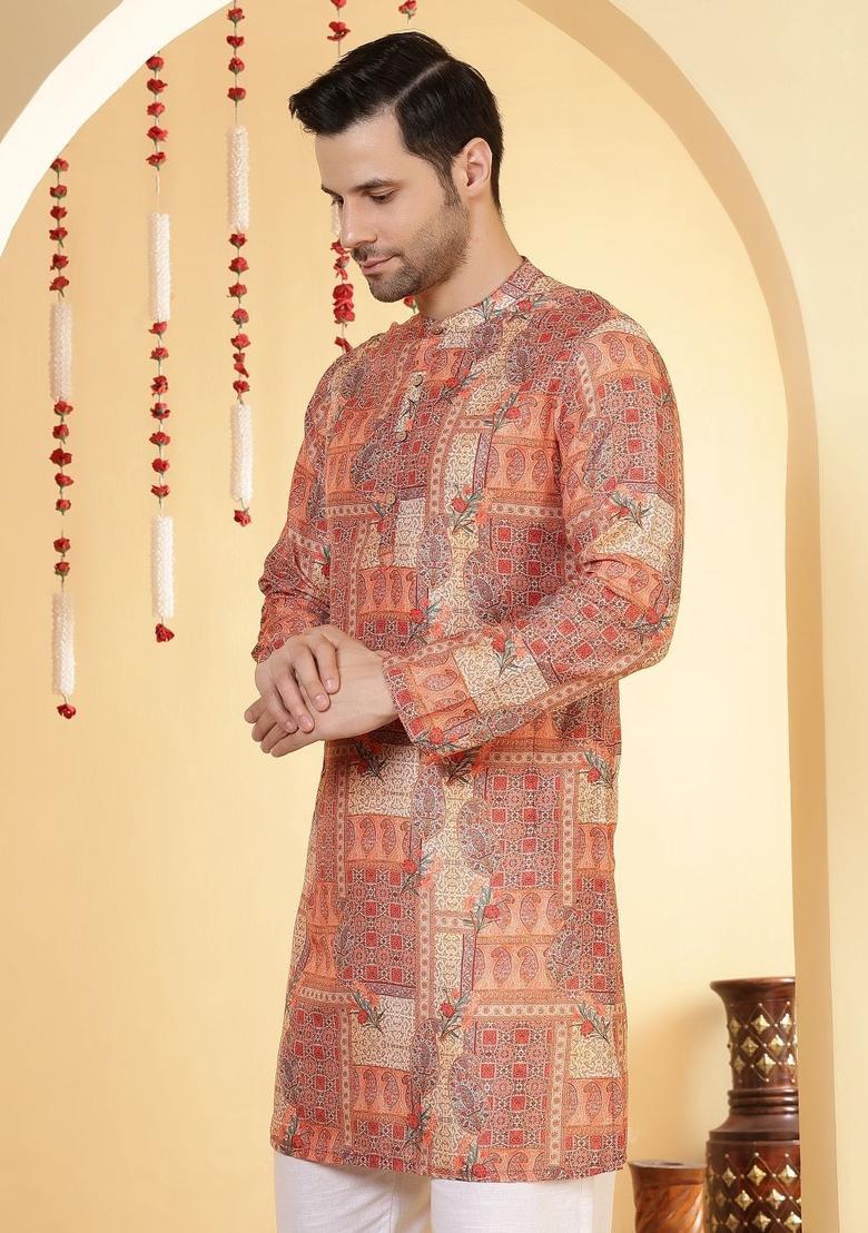 Peach Printed Viscose Kurta For Men - Indya