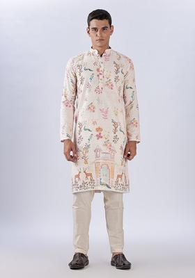 Beige Embroidered Cotton Kurta For Men