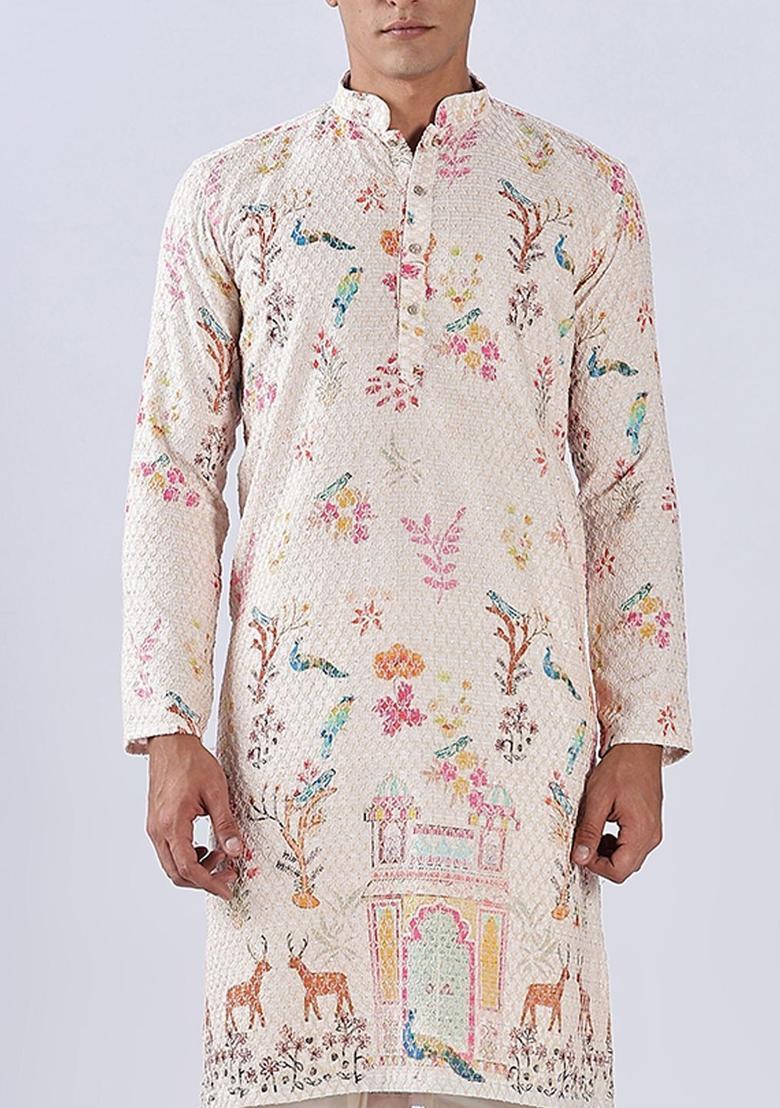 Beige Embroidered Cotton Kurta For Men - Indya