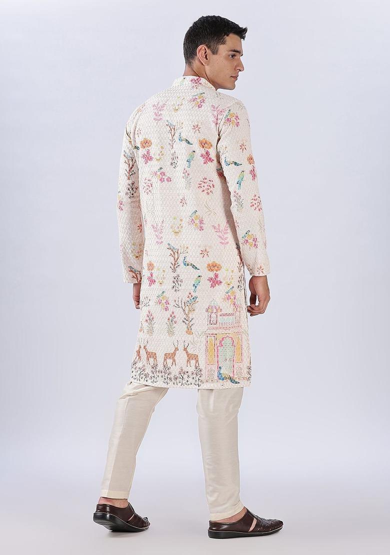 Beige Embroidered Cotton Kurta For Men - Indya