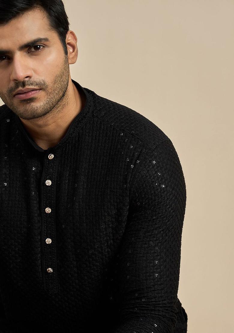 Black Embroidered Viscose Kurta For Men - Indya