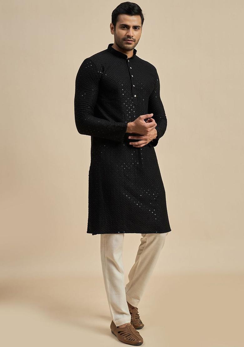 Black Embroidered Viscose Kurta For Men - Indya