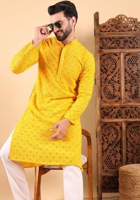 Yellow Embroidered Viscose Kurta For Men