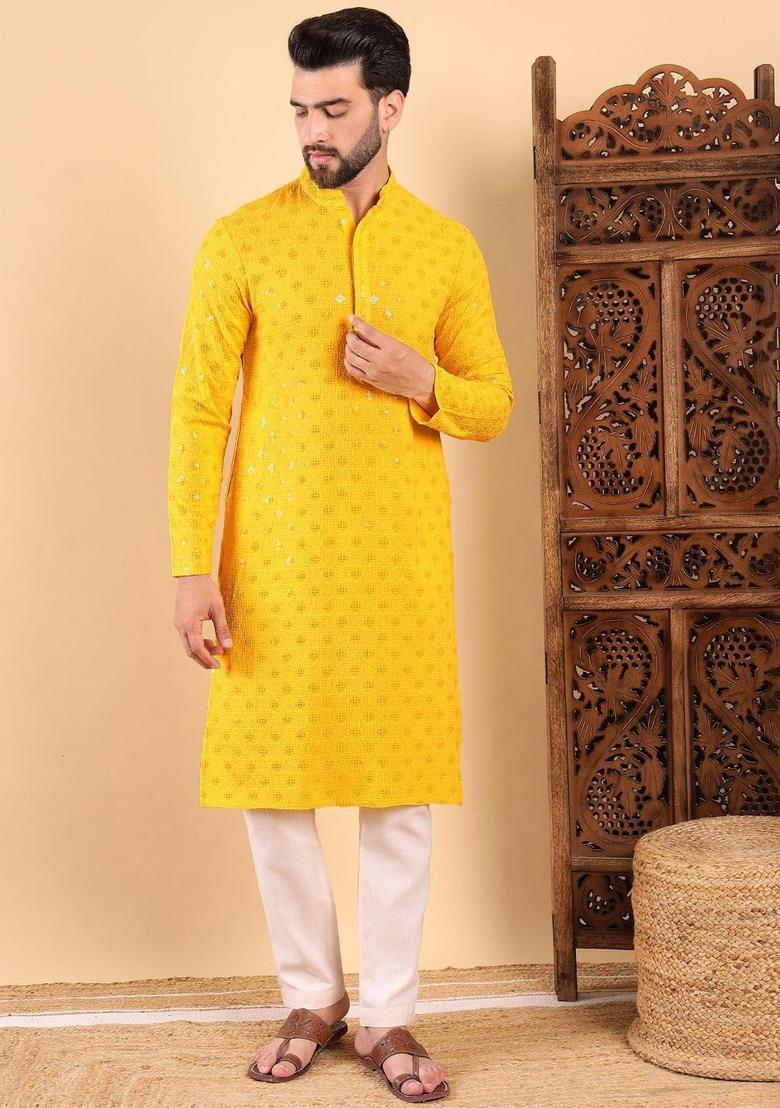Yellow Embroidered Viscose Kurta For Men - Indya