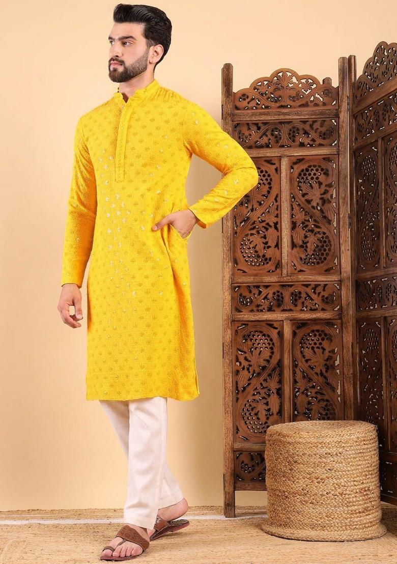 Yellow Embroidered Viscose Kurta For Men - Indya