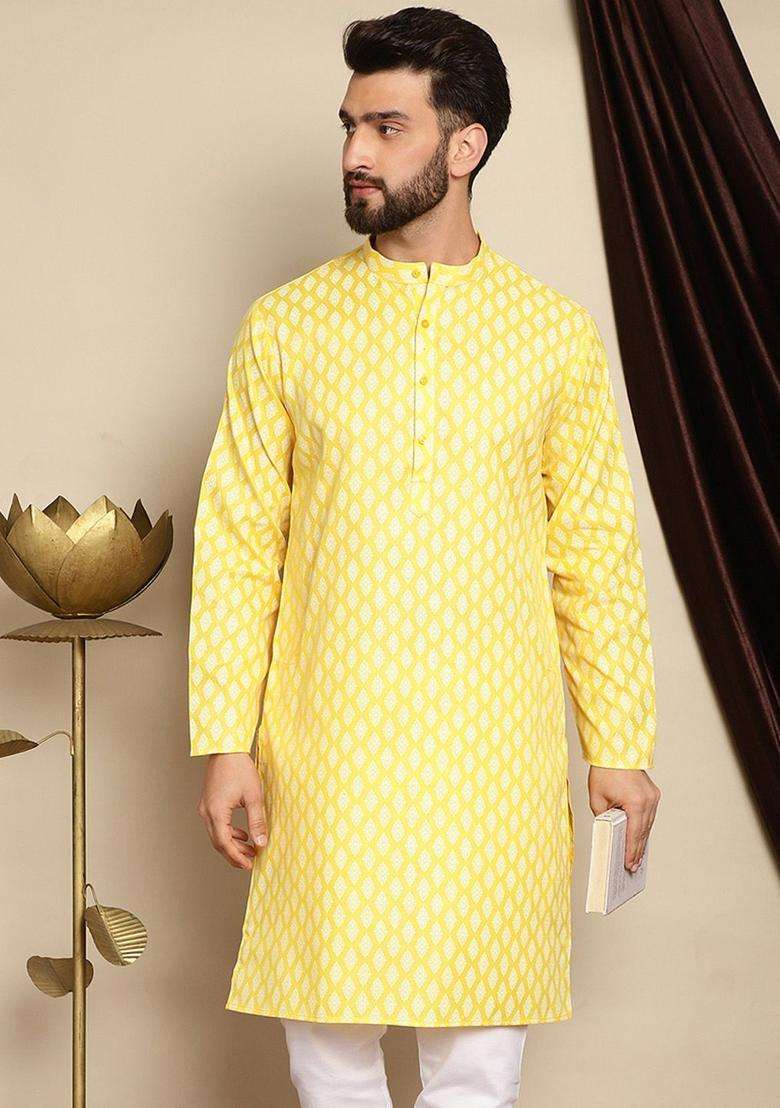 Yellow Printed Linen Kurta For Men - Indya