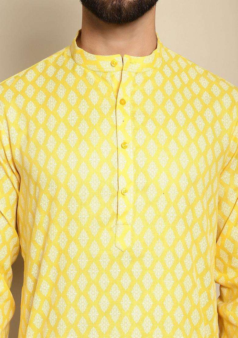 Yellow Printed Linen Kurta For Men - Indya