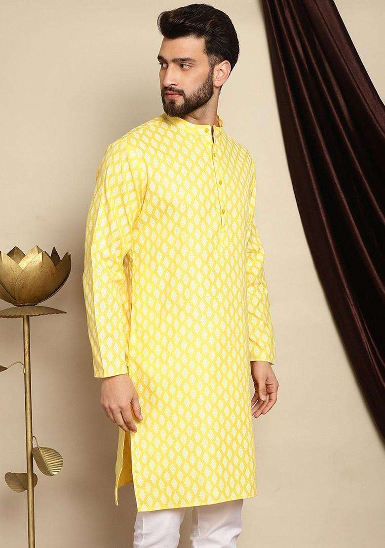 Yellow Printed Linen Kurta For Men - Indya