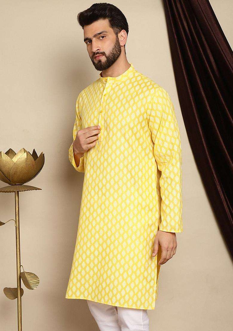 Yellow Printed Linen Kurta For Men - Indya