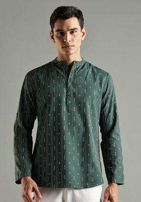Green Striped Blended Kurta For Men